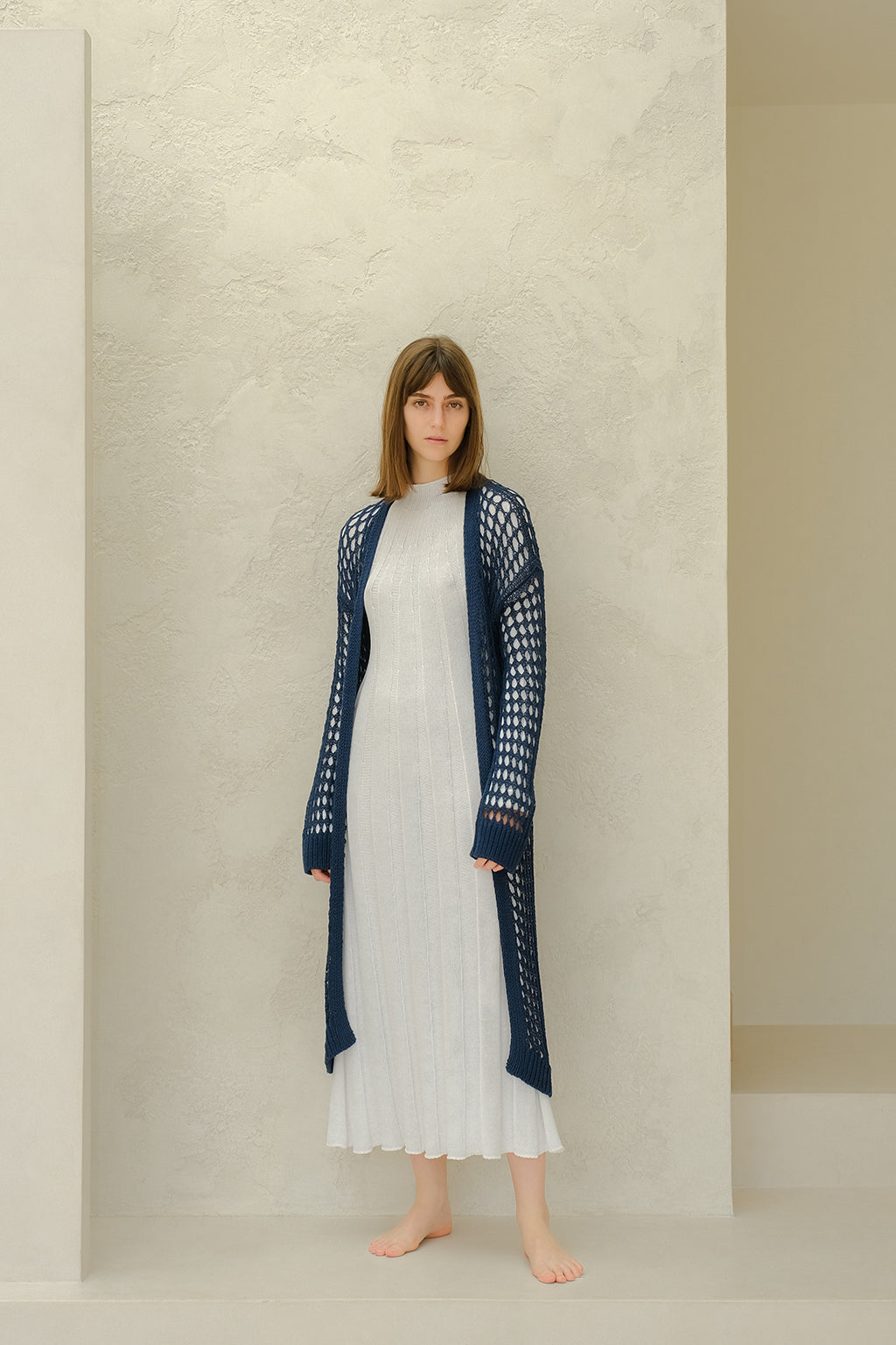 COMBED COTTON CROCHET MAXI CARDIGAN